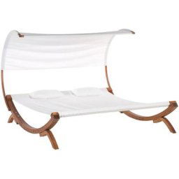 Lit Double de Jardin ou Terrasse en Bois de Larix et Textile Blanc Beige avec Capote Design Ultra