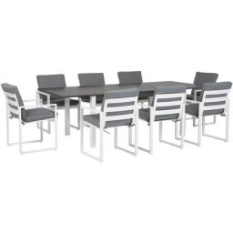 Salon de Jardin Gris et Blanc composé d'une Table Extensible 168 / 248 x 100 cm et de 8 Chaises en