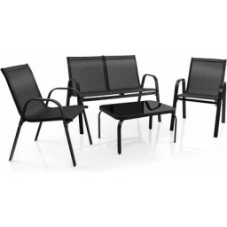 Ensemble Salon de Jardin 4 Pièces, 2 Fauteuils 1 Canapé 1 Table Basse en Verre, pour Terrasse,