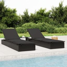 Bain de soleil Chaise de jardin Transat de jardin - avec coussin noir 201x55x62 cm résine tressée
