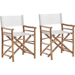 2 Chaises Fauteuils Metteur en Scène Pliantes en Bambou Naturel avec Accoudoirs et Assise Blanche