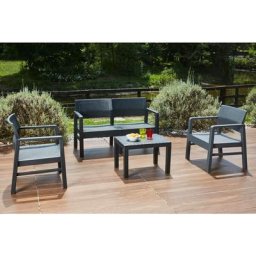 Set salon d'extérieur Carpi, Salon de jardin composé de 2 fauteuils, 1 canapé et 1 table basse,