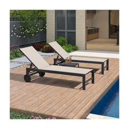 Bain De Soleil Lot De 2 avec Table Textilène, Transat Jardin Exterieur Piscine Aluminium, Transat