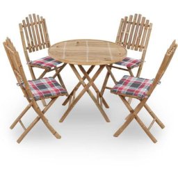 Mobilier à dîner d'extérieur pliable 5 pcs avec coussins Bambou Vidaxl Motif carreaux rouges