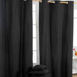 Homescapes - Paire de rideaux à œillets Uni Noir 100% coton 137 x 228 cm - Noir