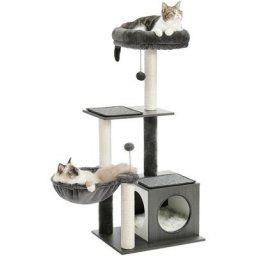 Arbre à Chat en Bois Basic, Arbre a Chat Moderne avec Pompon Suspendu et Grand Hamac 108cm, Noir