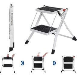 Escabeau Pliable 2 marches, Escabeau en Acier à 2 marches, Marche-Pieds Pliable, Échelle Pliable en