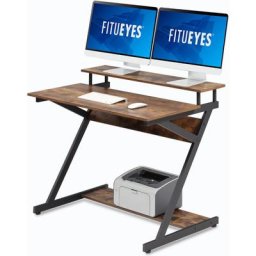 Fitueyes - Bureau d'Ordinateur avec Clavier Bois Noir Table d'écriture en Forme de z Poste de
