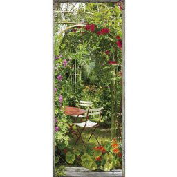 Sticker décoratif pour porte, trompe l'oeil vue sur un arche fleuri de capucine, rose trémière