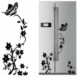 2pcs Noir Fleur Vigne Stickers Muraux Réfrigérateur en PVC Papillon Autocollant Murales Amovible