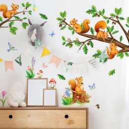 Stickers Muraux Animaux Foret Écureuil Autocollant Mural Enfants Arbre Branche Décoration Murale