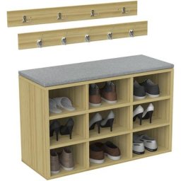 Banc de Rangement, Porte-Manteau, 9 Crochets, Rembourré, 80 x 30 x 48 cm, Meuble Chaussure, 9