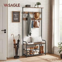 Vasagle Portemanteau, Vestiaire Industriel avec Banc à Chaussures, 9 Crochets Amovibles, 85 x 30 x