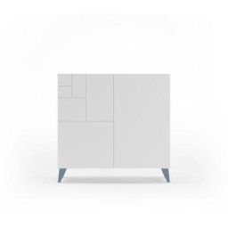 Meuble à chaussures, collection gante, en mélamine blanc et pieds laqués en bleu.