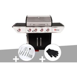 Barbecue à gaz avec chariot Manhattan 450GPI + plancha + Malette de 8 accessoires inox + Gant de