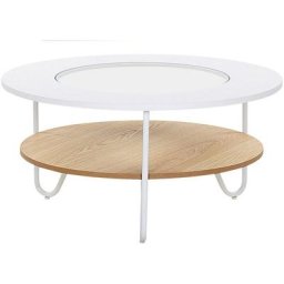 Table Basse au Design Scandinave Ronde en Synthétique et Verre Effet Bois Clair et Blanche pour