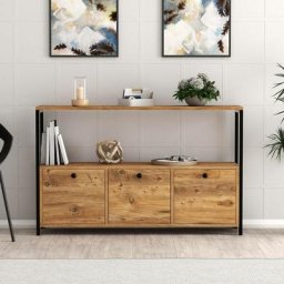 Buffet haut style industriel Halzo L120xH100cm Bois clair et Métal Noir - Bois / Noir