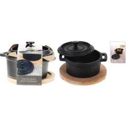 Pot en fonte pour apéritifs / tapas avec base de bambou 10 cm