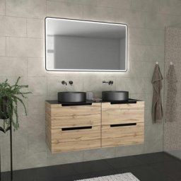 Meuble salle de bains 120cm Chêne et noir, Vasques rondes Ø36cm et Miroir Black Led 120x70 - omega