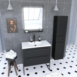 Meuble Salle de Bains 80 cm, Vasque Blanche, Miroir Led et Colonne - Noir - structura