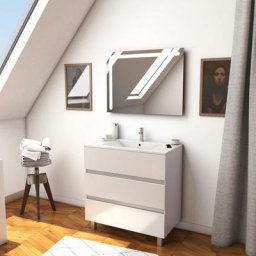 Ensemble Meuble de salle de bain blanc 80 cm sur pied 3 tiroirs + vasque ceramique blanche + miroir