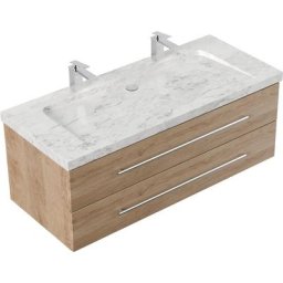 Meuble sdb Damo en décor chêne avec une vasque en marbre Carrara White 130cm