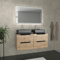 Meuble salle de bains 120cm Chêne et noir, Vasques rectangulaires et Miroir Black Led 120x70 - omega
