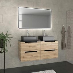 Meuble salle de bains 120cm Chêne et noir, Vasques carrées et Miroir Black Led 120x70 - omega