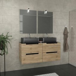 Meuble salle de bains 120cm Chêne et noir, Vasques rectangles & Miroirs avec appliques 55x75 - omega