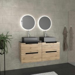 Meuble salle de bains 120cm Chêne et noir, Vasques carrées et Miroirs Led Ø50cm - omega
