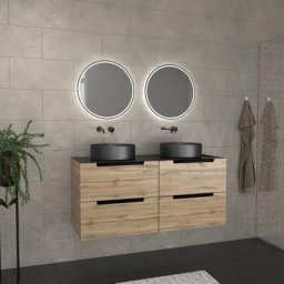 Meuble salle de bains 120cm Chêne et noir, Vasques rondes Ø36cm et Miroirs Black Led Ø50cm - omega