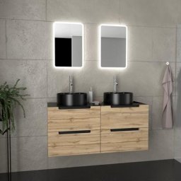 Meuble salle de bains 120cm Chêne et noir, Vasques rondes Ø41cm et Miroirs Led 40x60 - omega