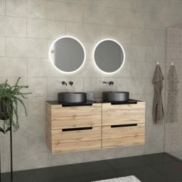Meuble salle de bains 120cm Chêne et noir, Vasques rondes Ø36cm et Miroirs Led Ø50cm - omega