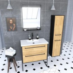 Meuble Salle de Bains 80 cm, Vasque Blanche, Miroir Led et Colonne - Chêne et Noir - structura