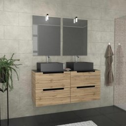 Meuble salle de bains 120cm Chêne et noir, Vasques carrées & Miroirs avec appliques 55x75 - omega