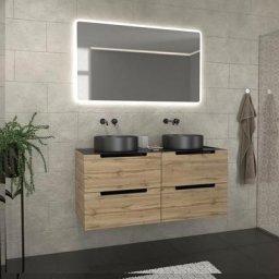 Meuble salle de bains 120cm Chêne et noir, Vasques rondes Ø36cm et Miroir Led 120x70 - omega