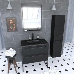 Meuble Salle de Bains 80 cm, Vasque Noire, Miroir Led et Colonne - Noir - structura