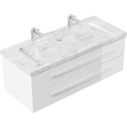 Meuble SDB Damo blanc brillant avec double vasque en marbre Carrara White, 130cm