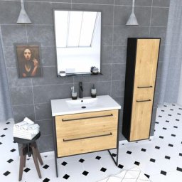 Meuble Salle de Bains 80 cm, Vasque Blanche, Miroir et Colonne - Chêne et Noir - structura