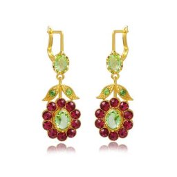 Boucles d'oreilles pendantes fleur en métal pour dames incrusté de pierres roses et rouges boucle