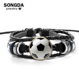 Bracelet en cuir de football de sport pour homme cabochon en verre ULtressée noire bracelet à
