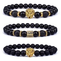 Bracelets à breloques tête de Lion en obsidienne pour hommes pierre de lave Zircon prisme