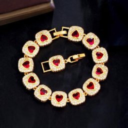 CWWZircons – Bracelet de luxe plaqué or jaune scintillant en forme de cœur zircone cubique rouge