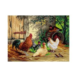 Broderie sur canevas ""poules devant l'étable"", 30 x 40 cm