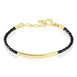 Bracelet Boshra Acier Dore Cuir Noir