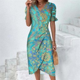 Robe mi-longue froncée taille haute pour femmes robes de soirée élégantes irrégulières col en V
