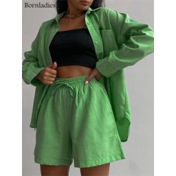 Bornladies-Ensemble deux pièces en coton pour femmes décontracté court taille haute chemise