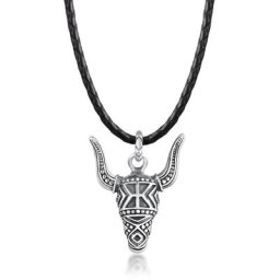 KUZZOI - KUZZOI Collier Herren Lederkette Stierkopf Oxidiert 925 Silber collier 1 unité