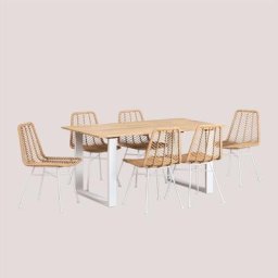 Set de Table de Salle à Manger en Bois (160x90 cm) Melina et 6 Chaises en Rotin Synthétique Gouda