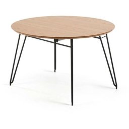 Table ronde extensible Novac ø 120 (200) cm contreplaqué de chêne et pieds en acier noir - Naturel
